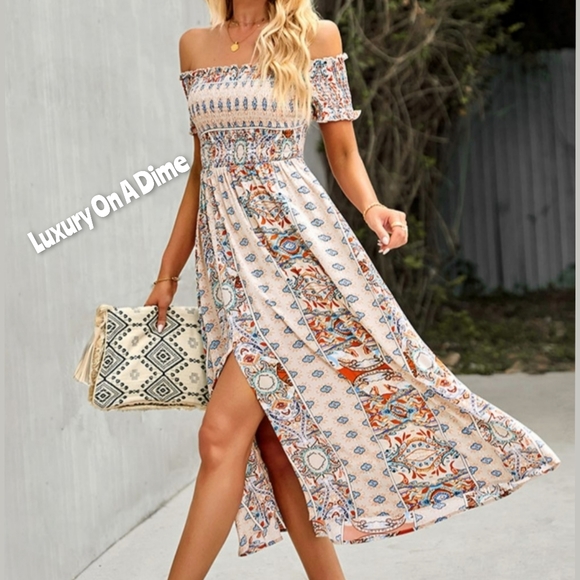 Bohemian Retro 70s Floral Smock Chest Off-Shoulder Midi Summer Dress Apricot - Picture 2 of 8